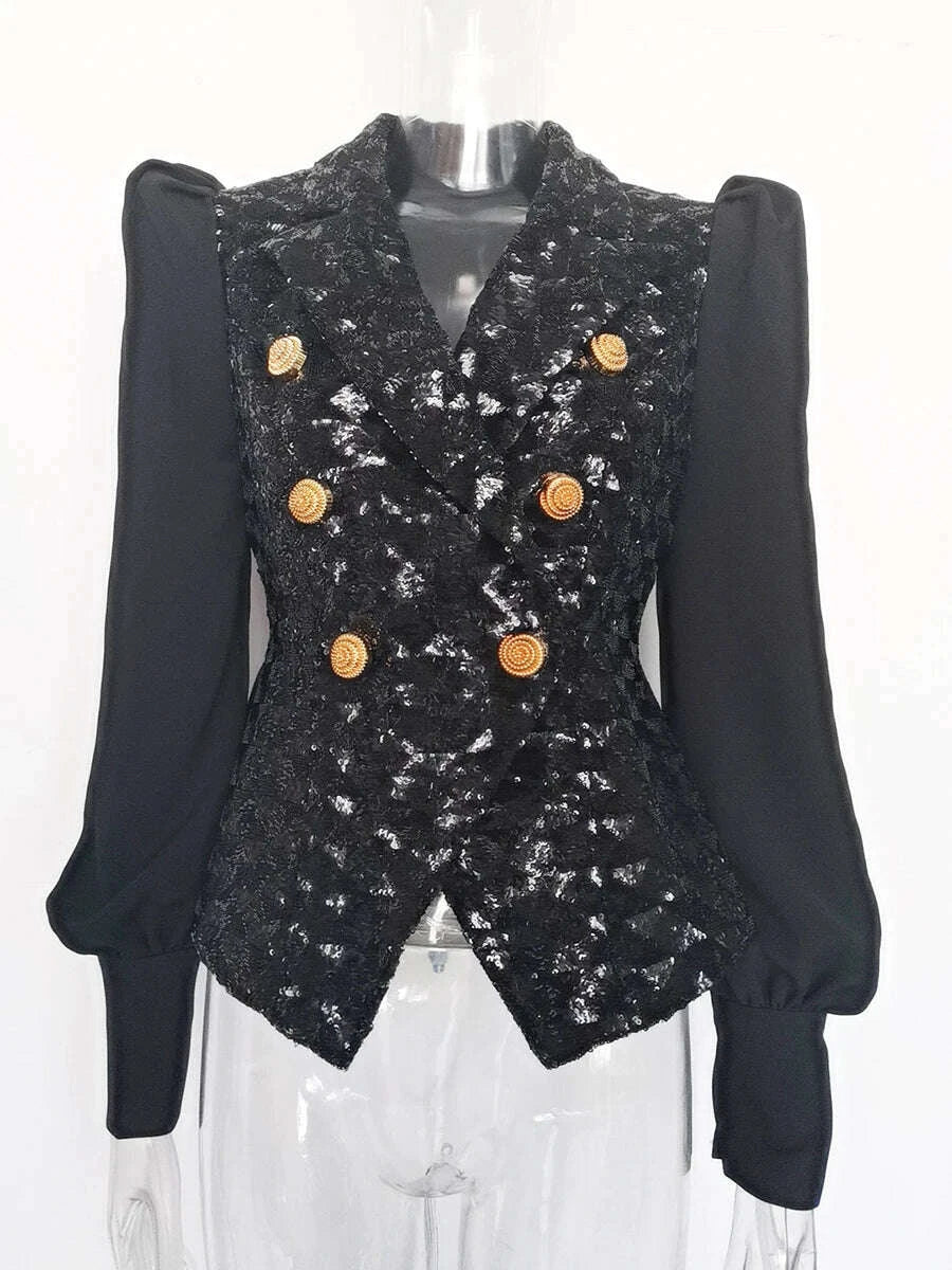 KIMLUD, TWOTWINSTYLE Fashion Slimming Spliced Sequins Blazers for Women Lapel Long Sleeves Tunic Patchwork Metal Buttons Blazer Female, KIMLUD Womens Clothes