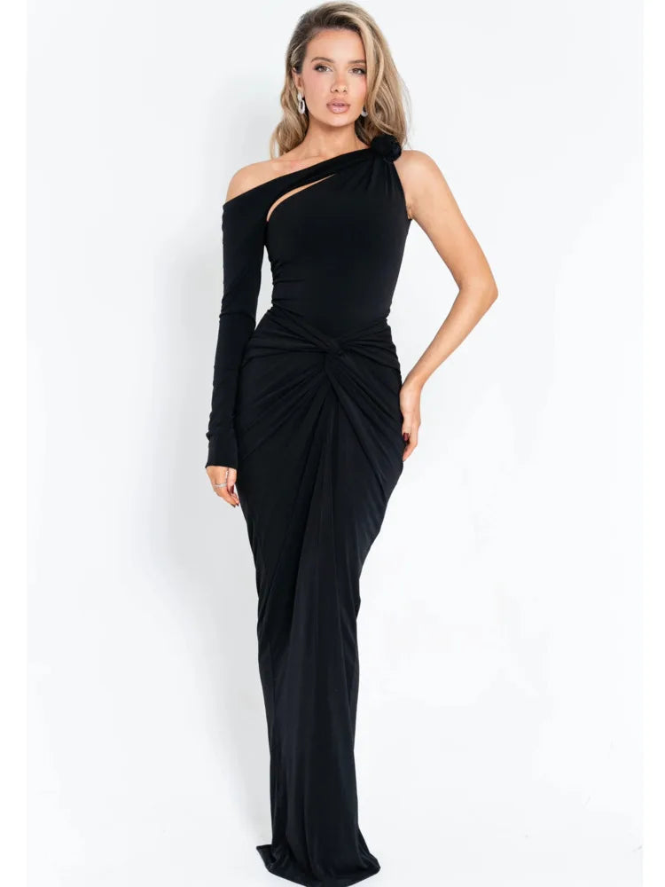 Bodycon Hollow-Out Dress Single-Sleeve — Red | KIMLUD