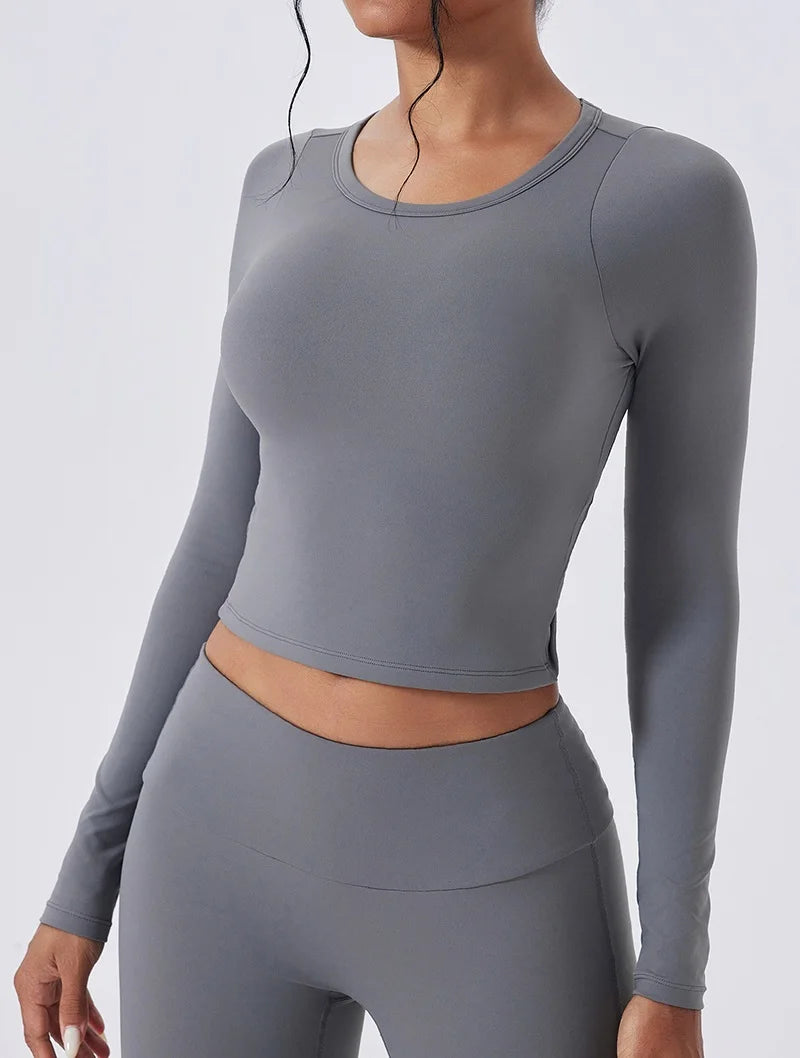 Cloud Hide Yoga Shirt Sexy Back Long Sleeve — Gray | KIMLUD