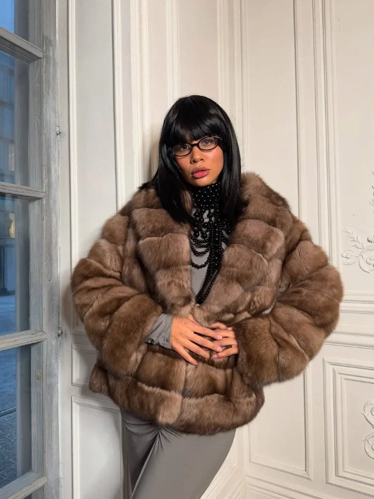 Fashion Patchwork Faux Fur Coat Women Casual Full Sleeve Lapel Loose Long Staple Plush Jacket 2025 New Winter Street Wear New