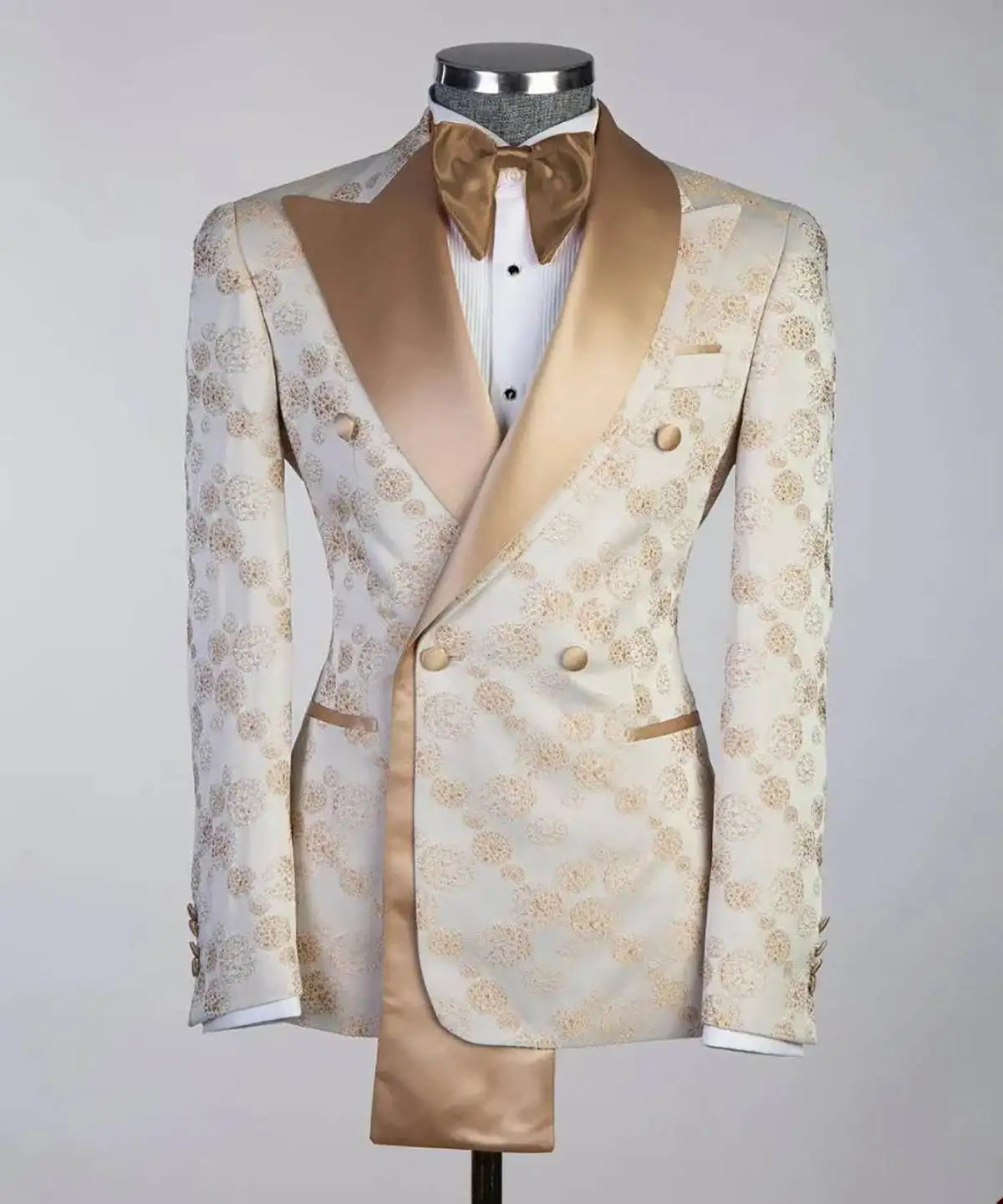 Floral Jacquard Mens Wedding Tuxedos Slim Fit Champagne Peaked Lapel Double Breasted Jacket Pants 2 Pieces