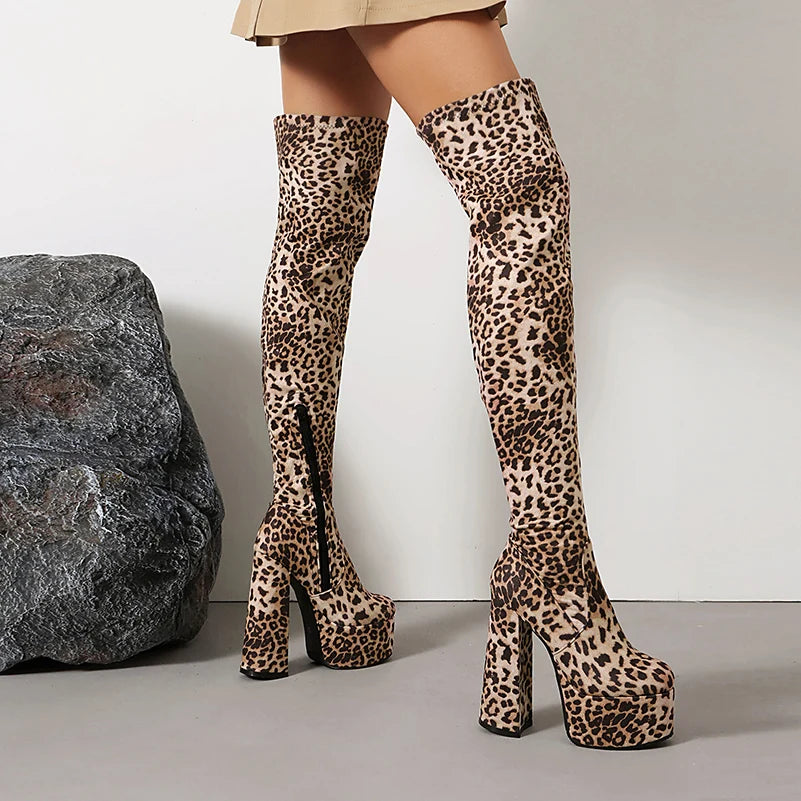 Over The Knee Boots – Leopard Print Velvet – Velvet – Leopard Print | KIMLUD