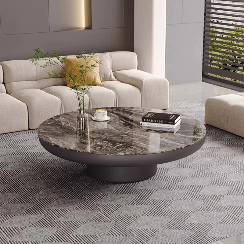 Italian Luxury Round Coffee Table Veined Marble Surface — Charcoal Gray | KIMLUD