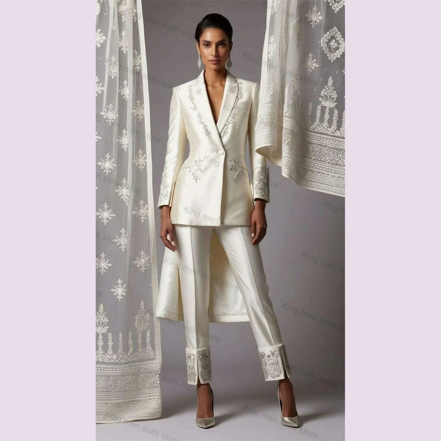 Beige Satin Women Office Suits Set Customized 2 Pieces Blazer+Pants De Beige Satin Women Office Suits Set Customized 2 Pieces Blazer+Pants De