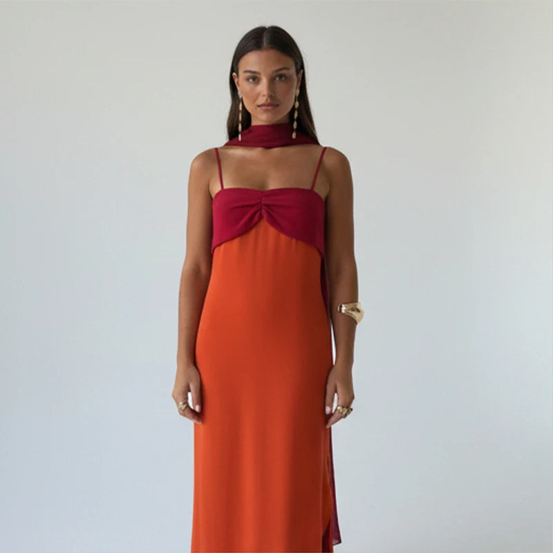 Color Blocking Sling Dress Scarf Collar — Orange Burgundy | KIMLUD
