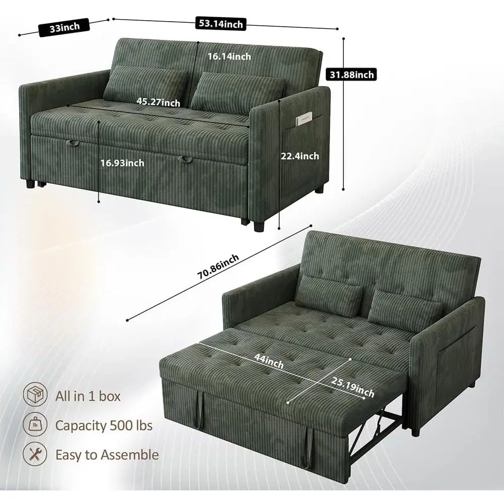 Corduroy Sleeper Sofa With USB Ports And Pull-Out Bed And Hidden Storage — Green | KIMLUD