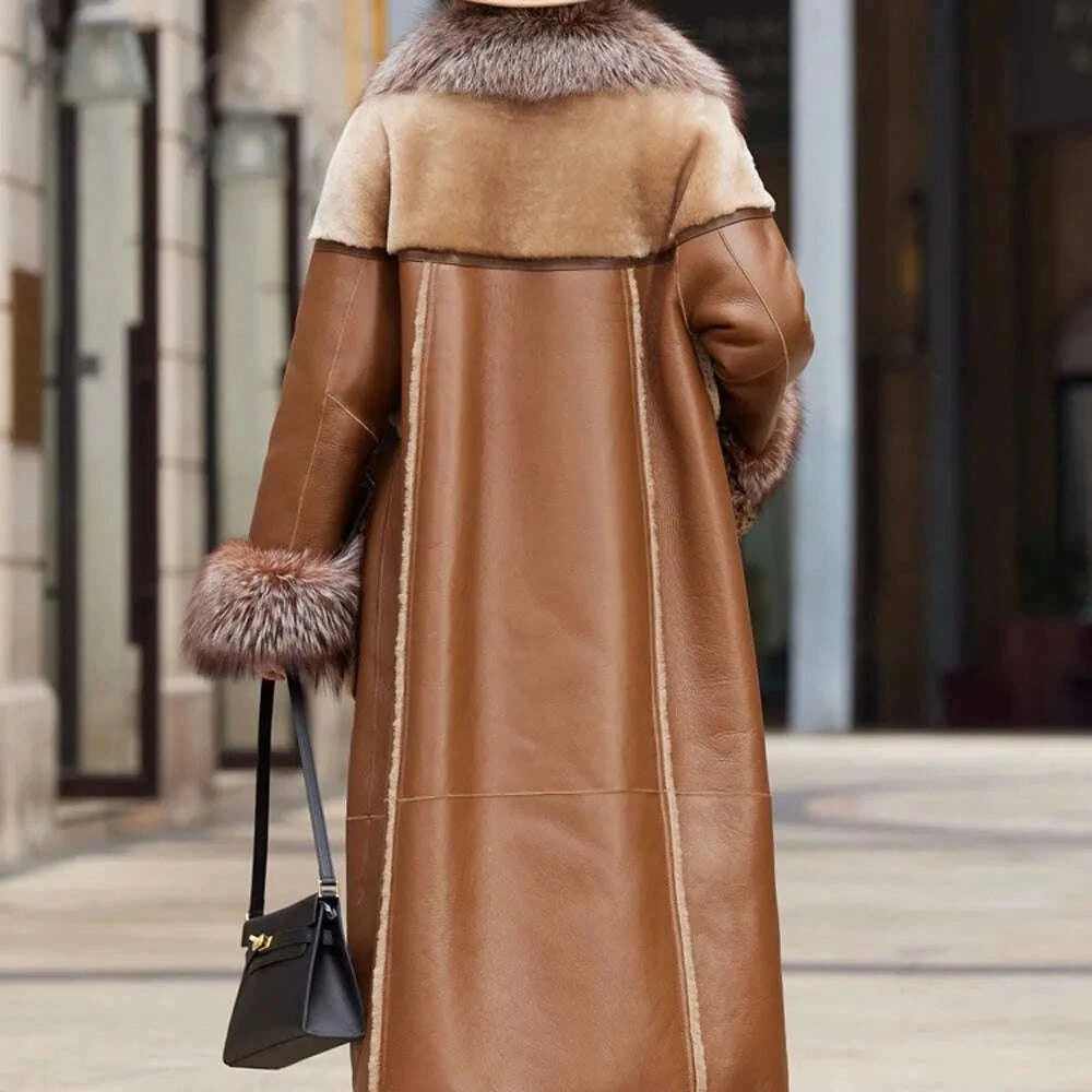 KIMLUD, Slim Long Real Leather Jackets Women Fashion Solid Buttons Coats Women Elegant Tie Belt Waist Pockets Jackets Female Ladies, KIMLUD Womens Clothes