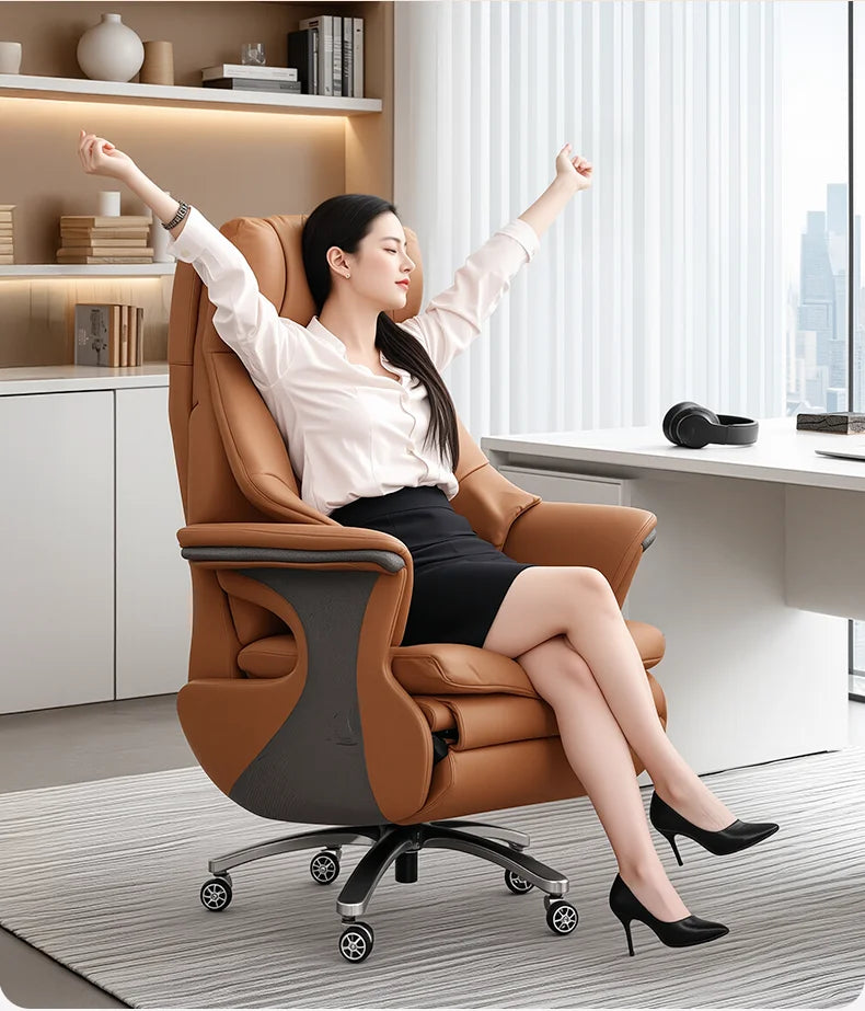 Leather Ergonomic Reclining Gaming Chair — Camel | KIMLUD