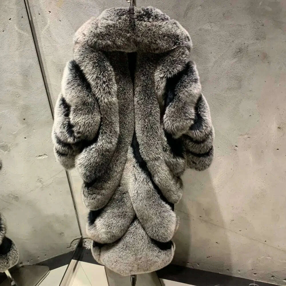 KIMLUD, High End Customization Diagonal Stripe Fur Jacket Extra Long Floor Full Length Luxury Silver Fox Fur Coat with Big Collar, KIMLUD Womens Clothes