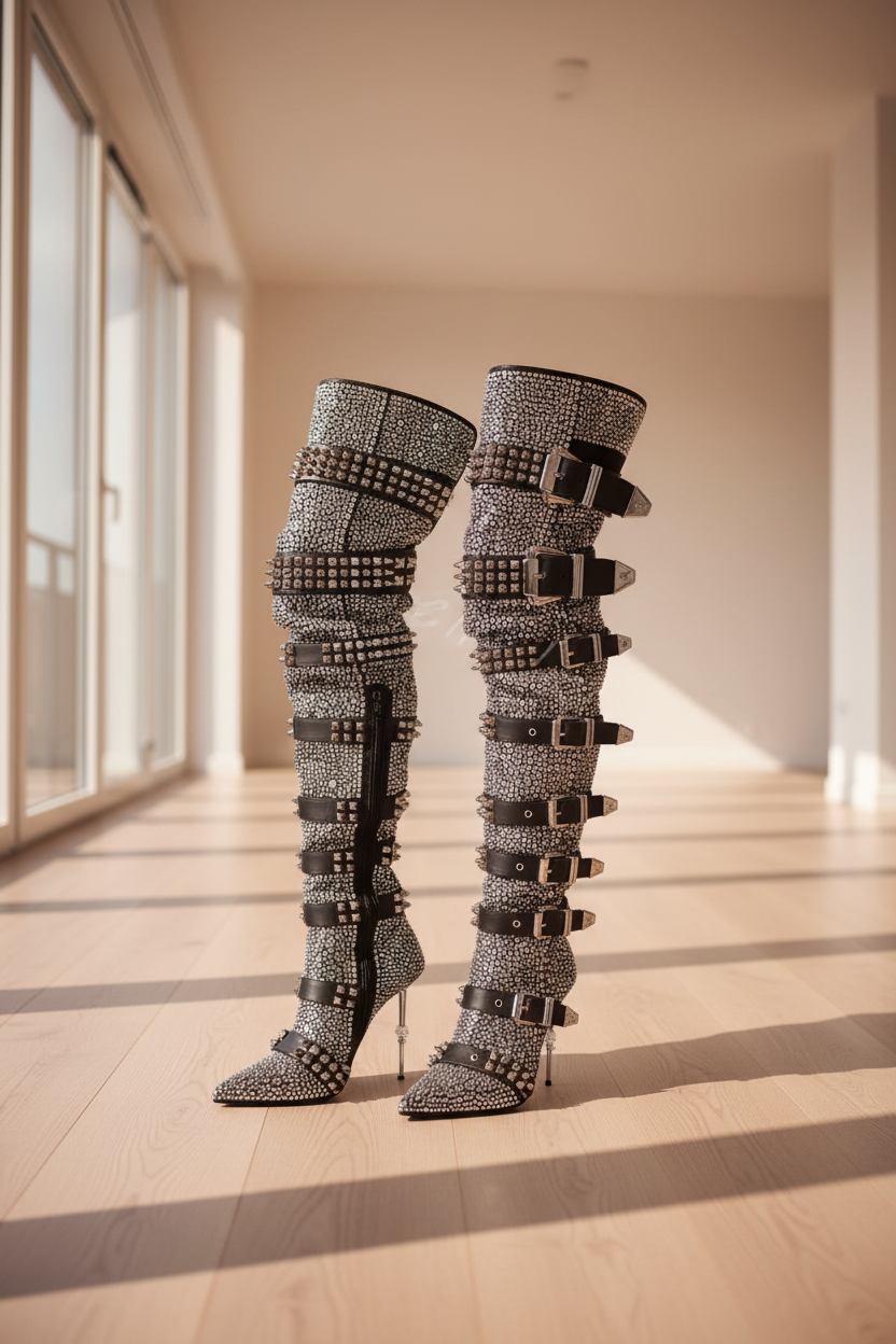 Crystal Buckles Over-The-Knee Boots With Rivets And Pointed Toe — Silver | KIMLUD