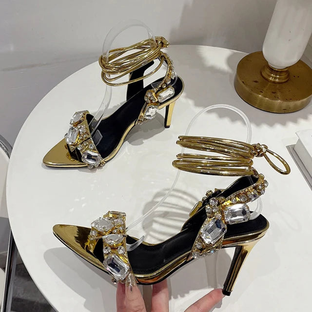 Crystal Diamond Ankle Strap Sandals Embellished — Gold | KIMLUD