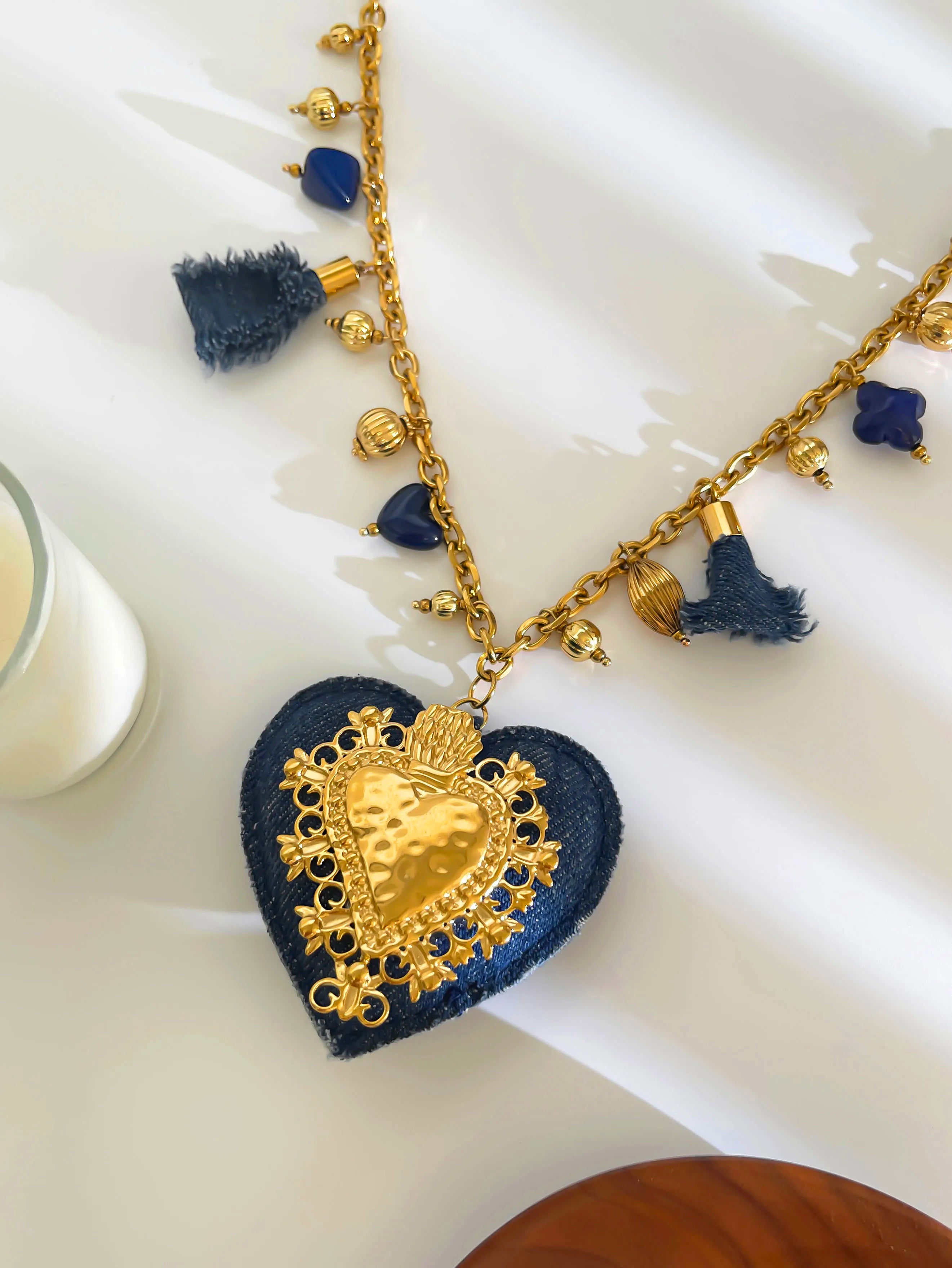 Heart Tassel Acrylic Pendant Necklaces Chain — Blue Denim | KIMLUD