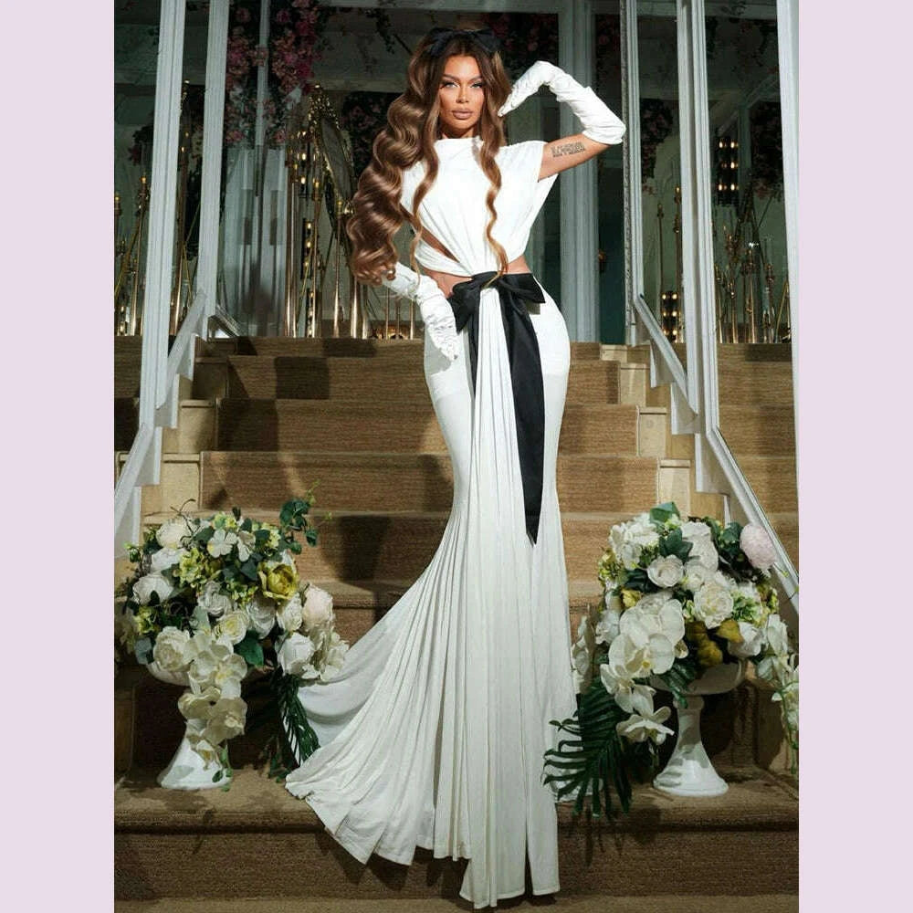 VC Stylish Chic White Halter Sleeveless Backless Cutout with Bow Detail Maxi  Dress Evening Gown