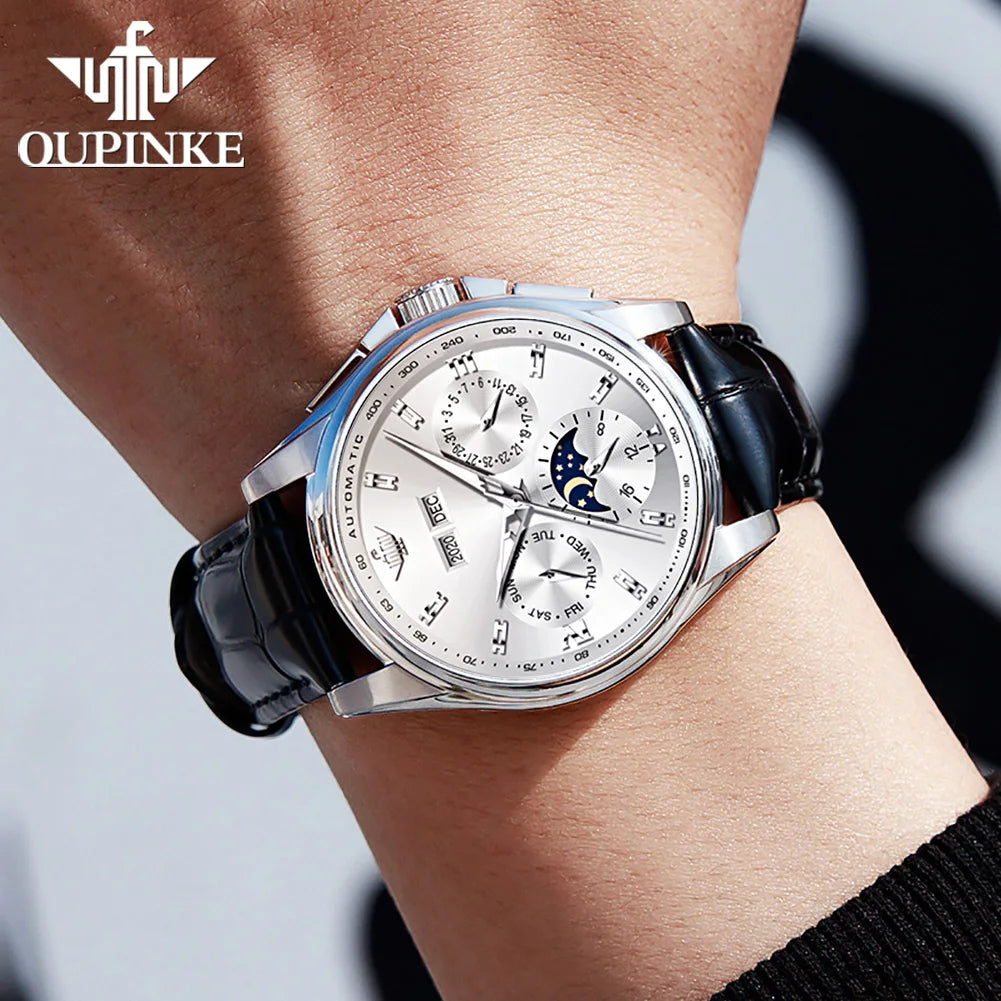 Leather Strap Automatic Watch Moon Phase Chronograph — Silver | KIMLUD