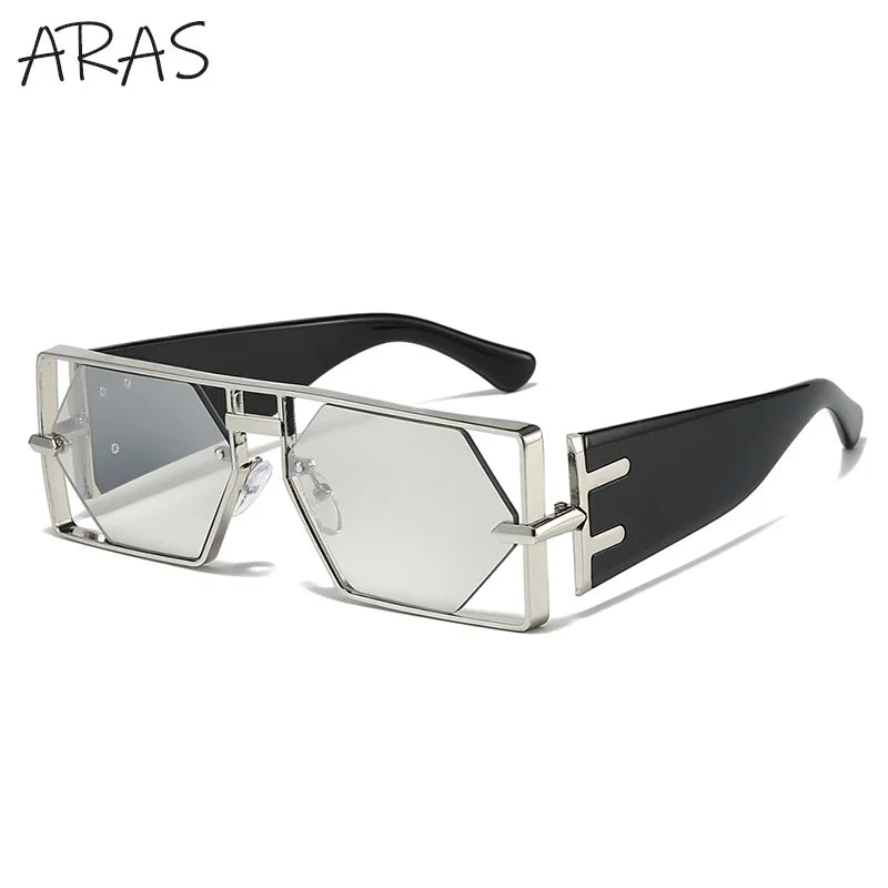 Steampunk Sunglasses Rectangle Hexagon Frame Hollow Alloy — Gold | KIMLUD