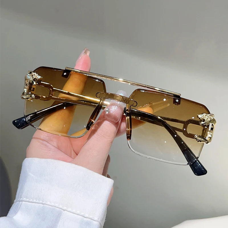 Rimless Sunglasses Square With Gradient Brown-To-Amber Lenses And Adjustable Nose Pads — Black | KIMLUD