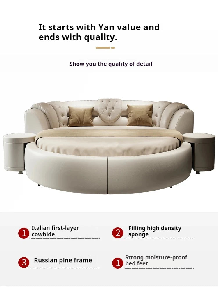 European Style Round Bed Luxury Leather Surface — Ivory White | KIMLUD