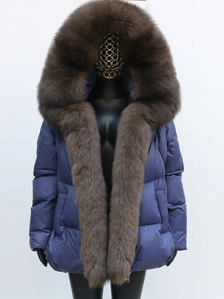 New Fashion Outerwear Puffer Jacket 2024 Women Coat White Duck Down Jacket Super Large Real Silver Fox Fur Collar Hooded