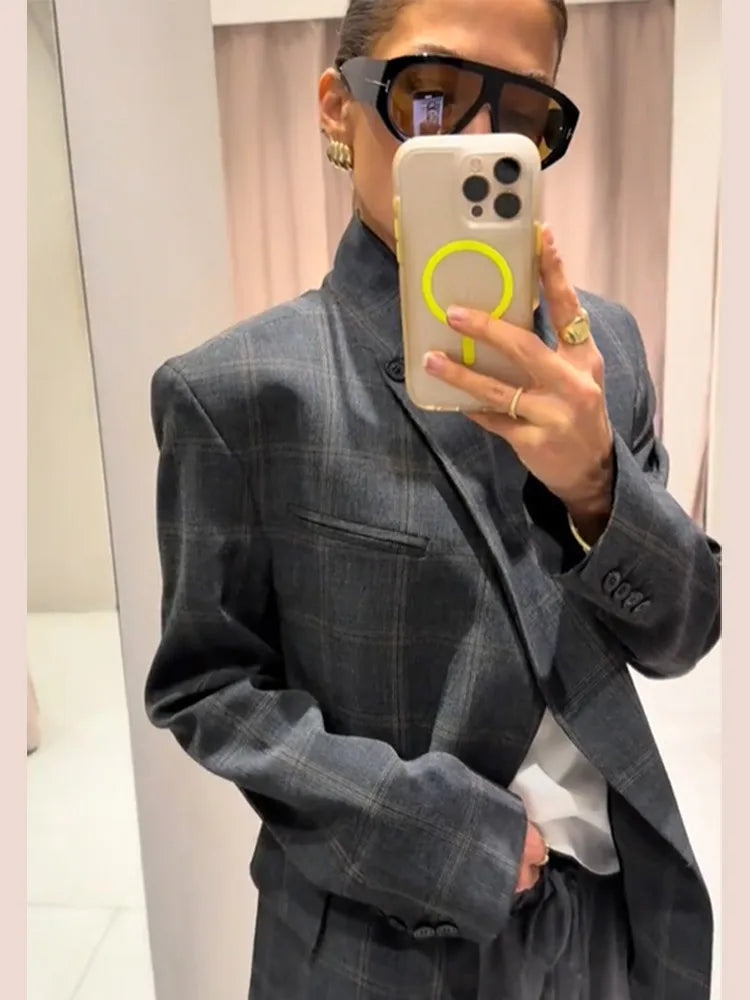 Women Irregular Plaid Blazer Jacket Fashion Stand Collar Full Sleeve Split Loose Short Coat 2025 Female Daily Commute Outerwear