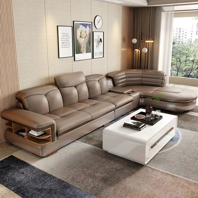 Genuine Leather Solid L-Shaped Sofa — Black | KIMLUD