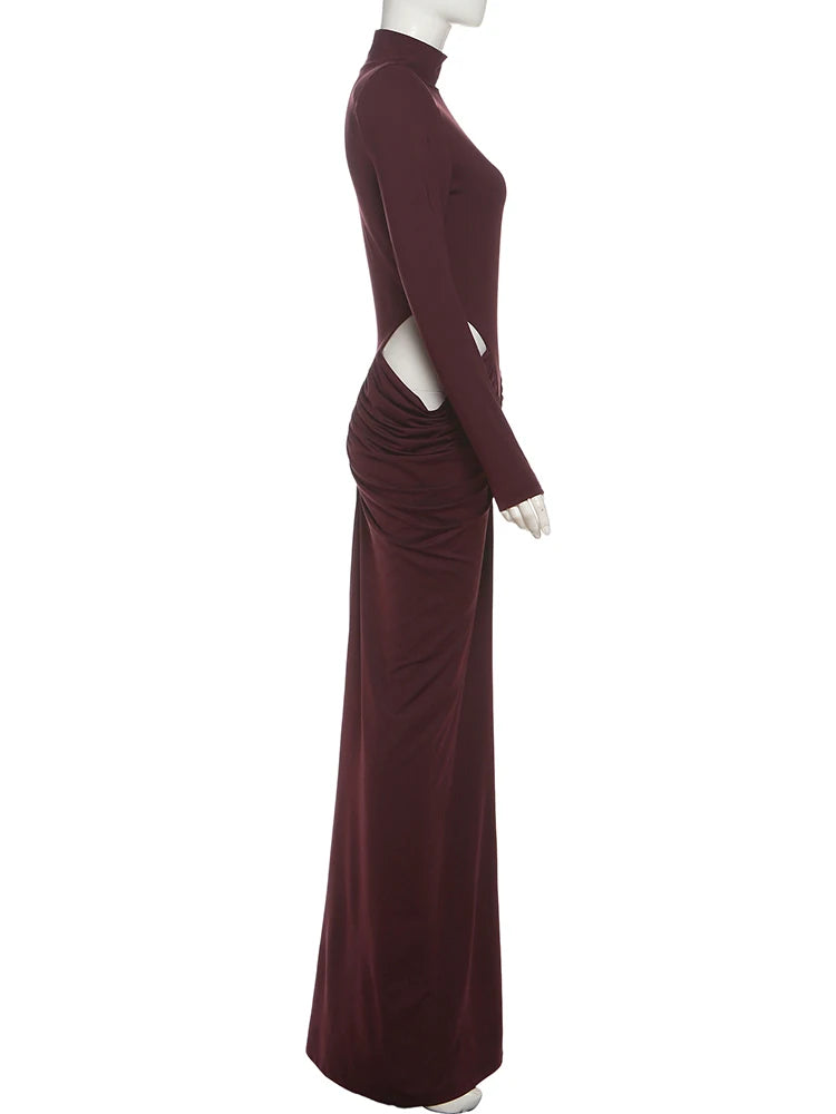 SiSterlinda Ruched Waistless Maxi Dress Women Sexy Shoulder Padded Patchwork Turtleneck Elegant Stretch Skinny Evening Bodycon