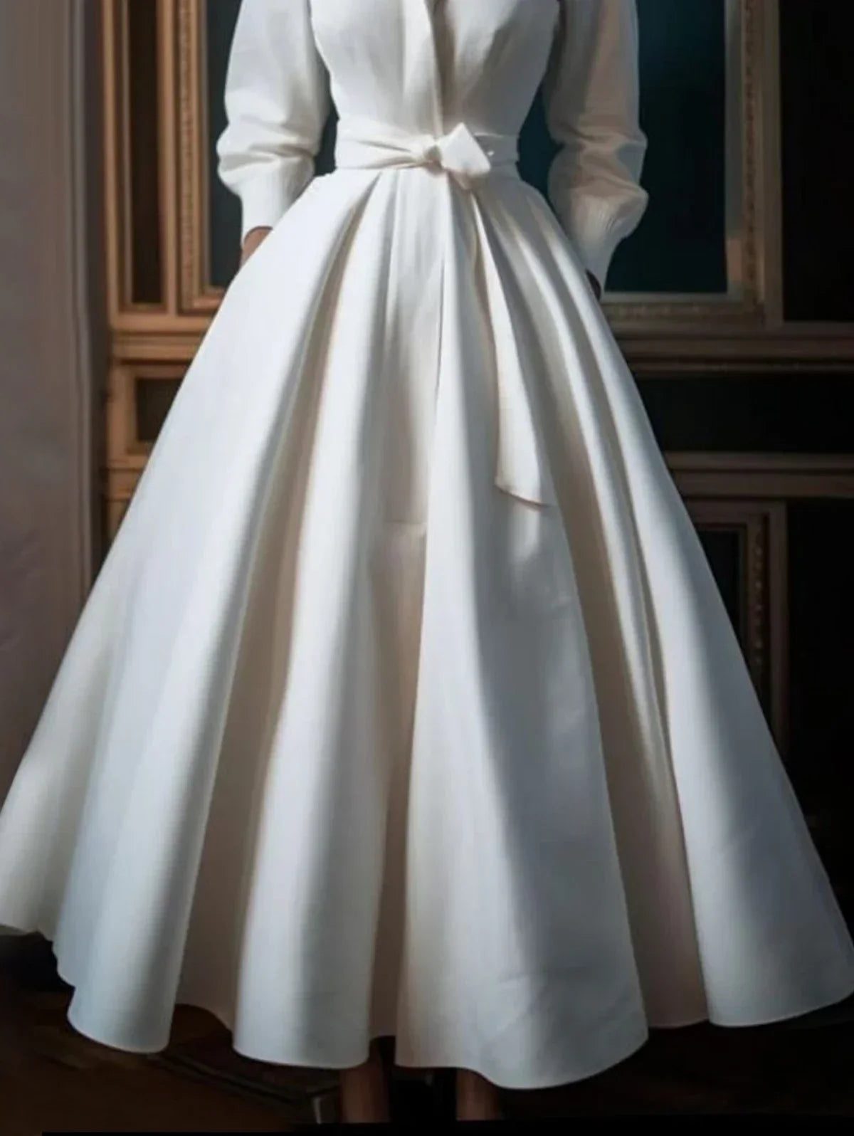 A-Line Maxi Shirt Dress Long Sleeve Stand Collar — Ivory | KIMLUD