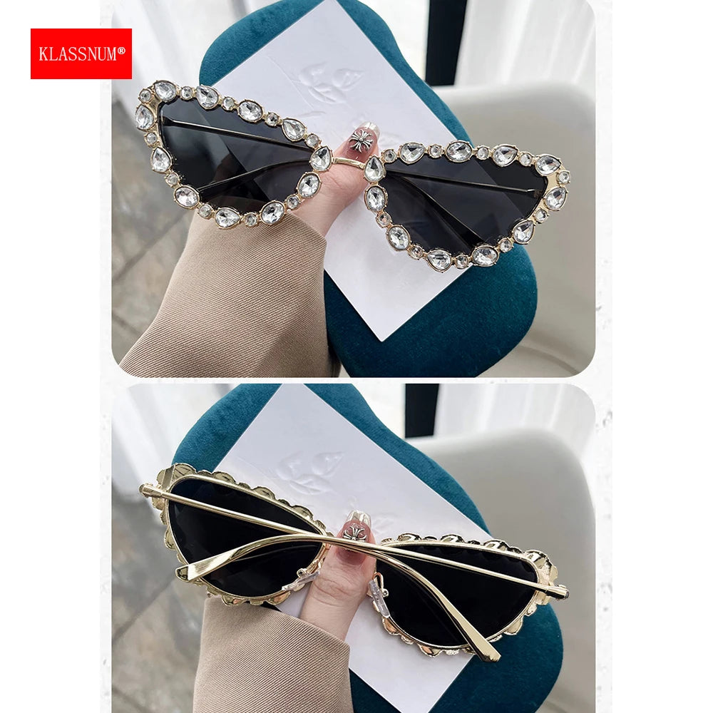 KLASSNUM Luxury Woman Sunglasses Cat-eye Rhinestone Sunglasses 2024 Trendy Party Eyepiece Glitter Metal Frame Color Lens Shades