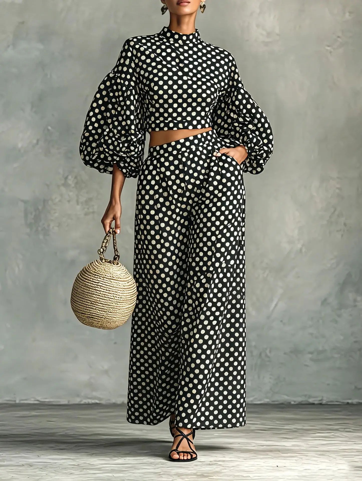 Two-Piece Polka Dot Trousers Suit – Wide-Leg – Synthetic Fiber | KIMLUD