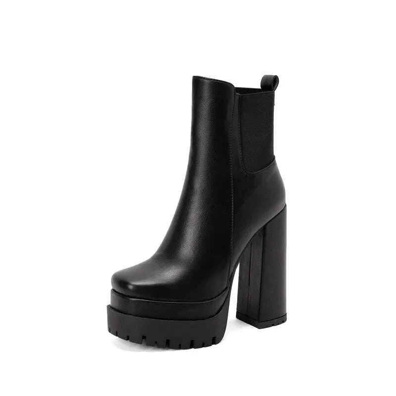 KIMLUD, Women's Ankle Boots Platform Trends Black Short Boot Winter Autumn Leather Gothic Punk Heels Party Shoes Lady Large Size 45, KIMLUD Womens Clothes