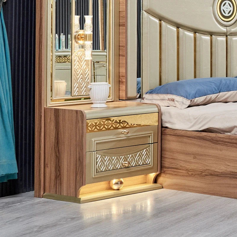 Gold Wood Double Leather King Size Bed Meuble De Chambre a Coucher Complet Wooden Modern Home Full Bedroom Furniture Set