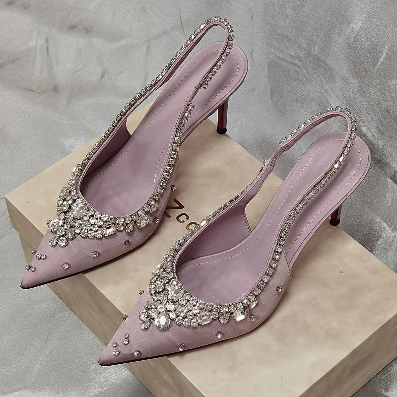 Dresses Satin Pointy Toe Heels With Rhinestones — Silver | KIMLUD