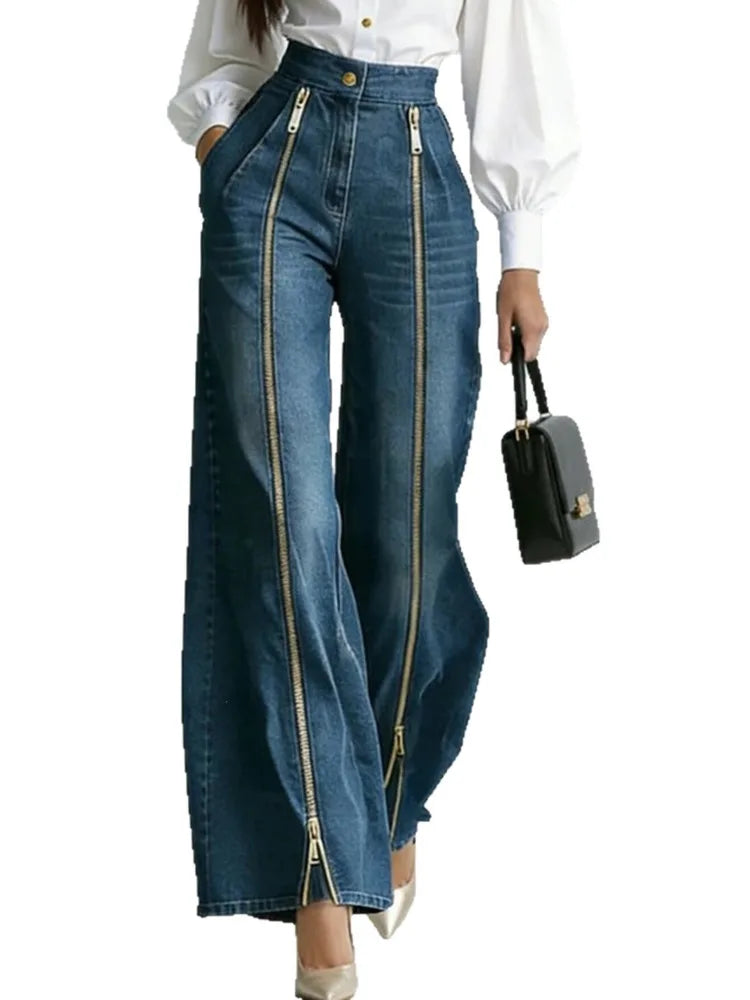 Jeans – High Waist Wide Leg With Double Zipper Split Hem – Denim | KIMLUD