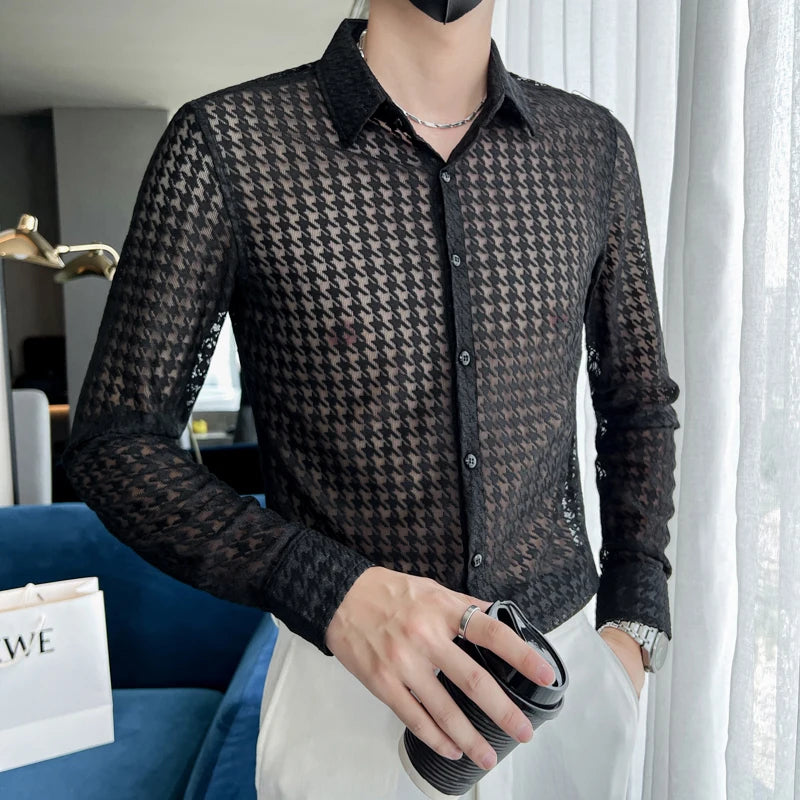 Sexy Transparent Mesh Long Sleeved Shirts for Men Fashion Party Night Club Plaid Printed Slim Fit 4XL Mens Dress Shirt Plus Size