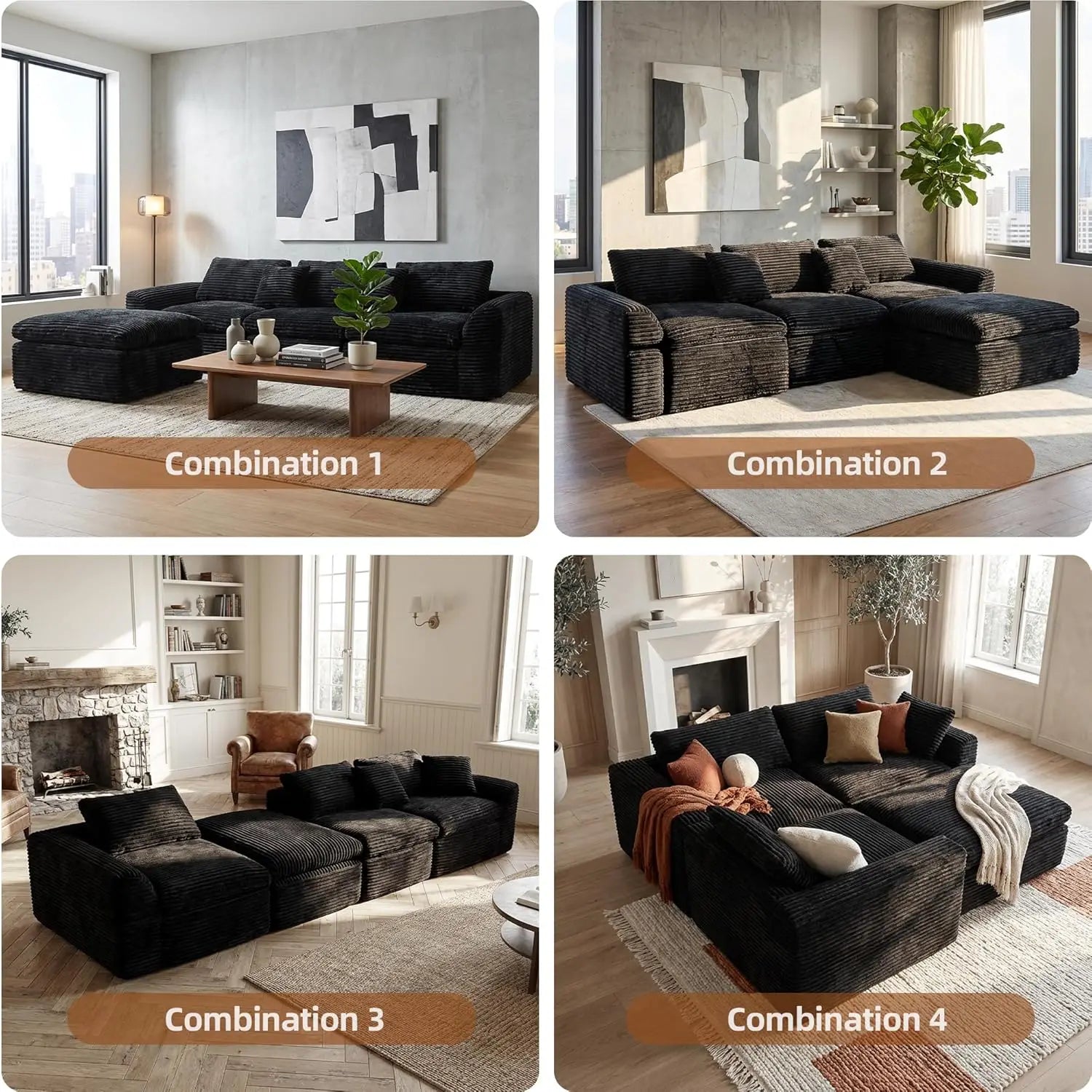 Corduroy L-Shaped Modular Sofa 108-Inch — Charcoal | KIMLUD