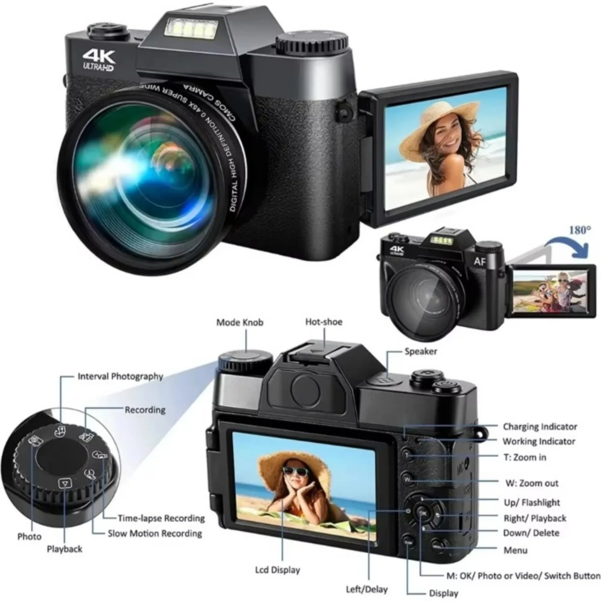 4K Digital Camera for Photography 16X Digital Zoom Vlog Camera for YouTube 75MP WiFi Autofocus Livestream Video Camera Camcorder