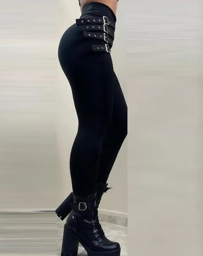 Women's Streetwear High Waisted Tight Elastic Pants with Leather Buckle Decoration Pencil Pants 2024 Sexy and Elegant Leggings
