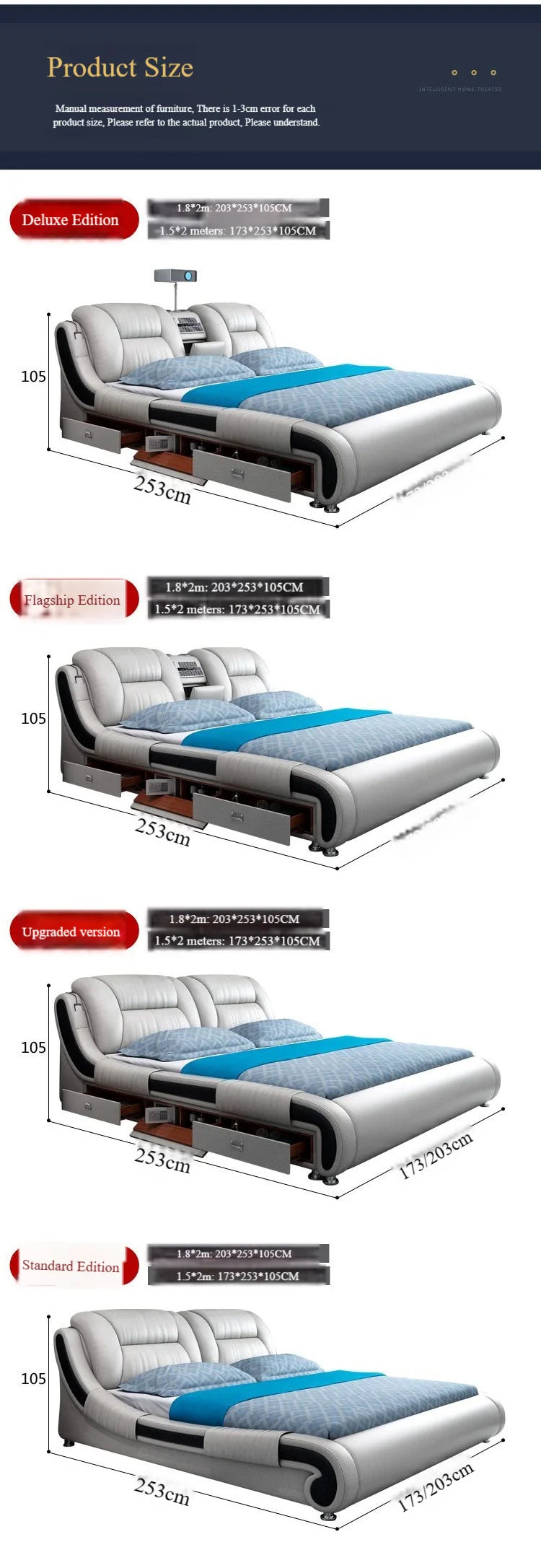 Genuine Leather Upholstered King Size Bed With Massage — Custom Color | KIMLUD