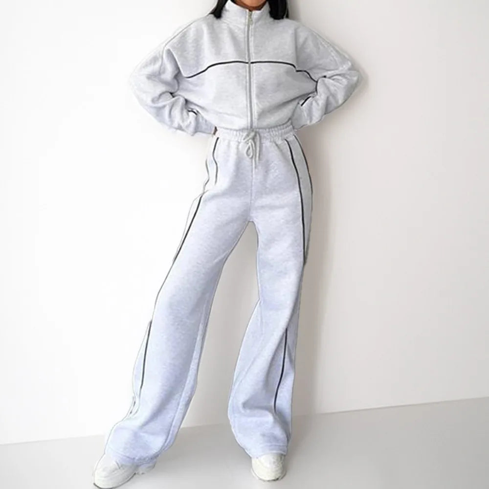 Polyester Tracksuit Set — Hooded Jacket With Pockets Two-Piece For Autumn Office Wear — Black | KIMLUD