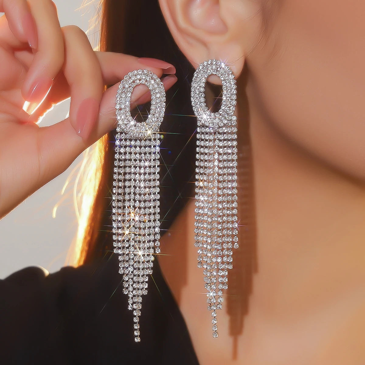 Silver Rhinestones Earrings for Women Sparkly Long Linear Dangle Earrings Dangle Tassels Statement Earrings Bridal Wedding
