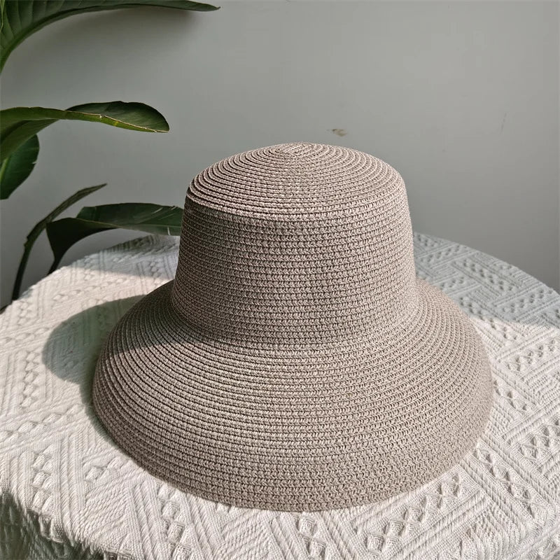 Straw Hepburn Sun Hat Wide Brim Foldable — Natural | KIMLUD