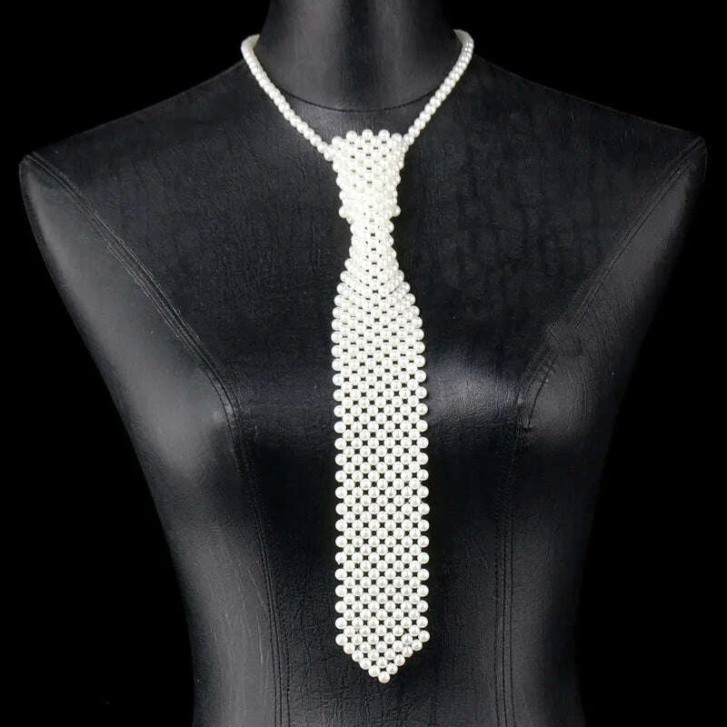 KIMLUD, Popular pearl tie fashion trend style boys and girls temperament clothing pure handmade beaded bow tie, KIMLUD Womens Clothes