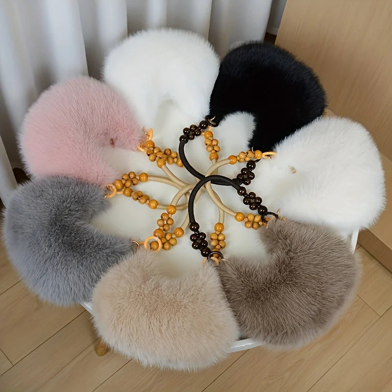 Women's Faux Handbag, Plush Faux Tote Purse with Bead Accented Strap, Zipper Closure Elegant Handbags Shoulder Bags for Everyday