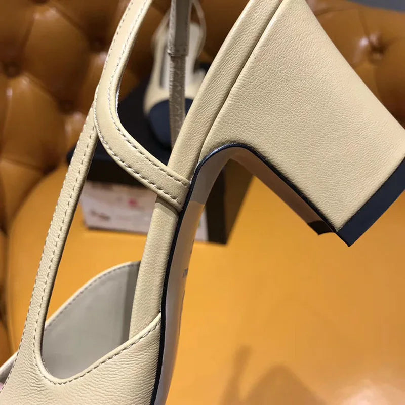 2025 women's mid-heeled shoes square toe color matching thick heel high heels