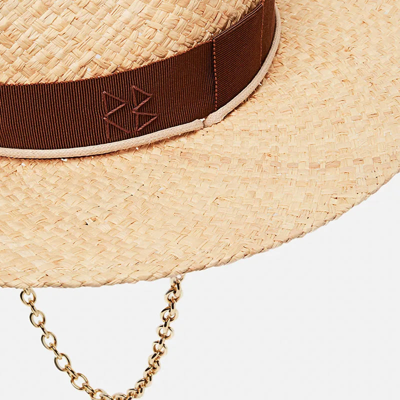 KIMLUD, Chain Strap Straw Fedora Hat  Embellished Beach Hats with Chain For Women Straw Woven Sun Hats Summer Holidaty Panama Hat, KIMLUD Womens Clothes