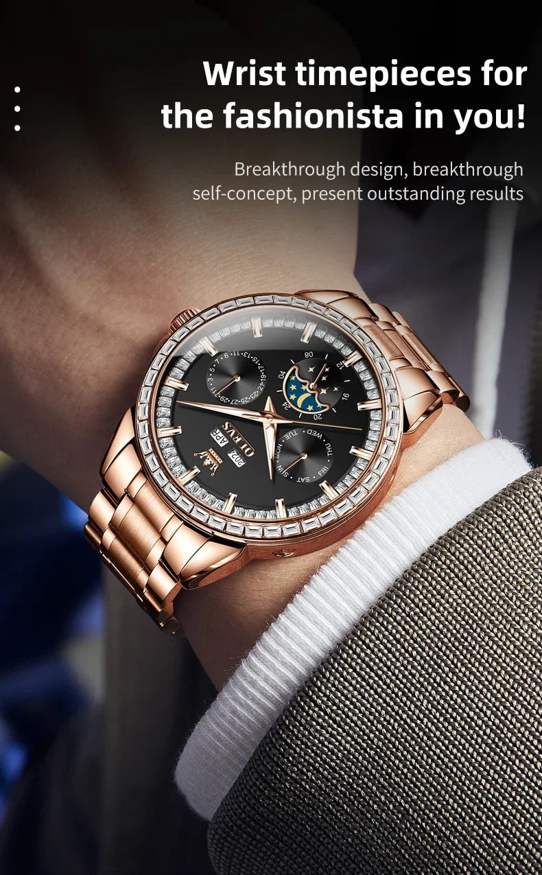 OLEVS 6695 NEW Men's Watches Full Multifunctional Dial Blue Leather Strap Calendar Week Moon Phase Waterproof Wristwatch
