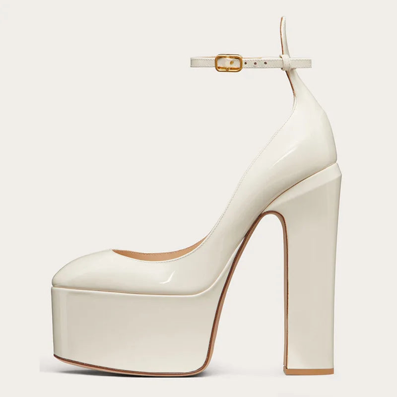 Women New European And American Style Super High Heels Patent Leather Round Toe Thick Sole Large Size Thick Heel Shoes