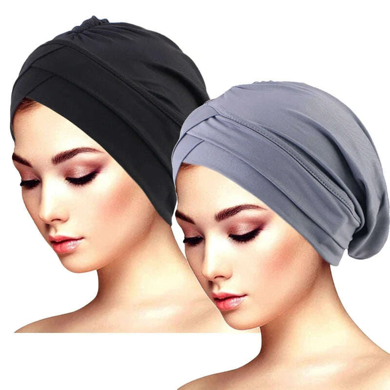 2PCS/LOT Classic Pleated Turban Hat Elegant Solid Color Head Wraps Headscarf Breathable Elastic Beanies Chemo Cap