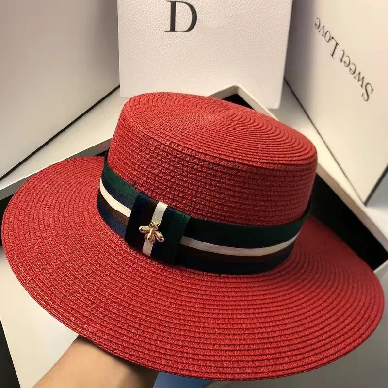 Polyester Wide Brim Hat Striped Bee Embroidery — Multicolor | KIMLUD