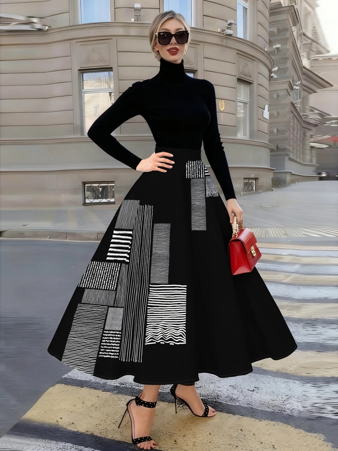 Skirt – Geometric Stripes Pattern – Polyester Fiber | KIMLUD