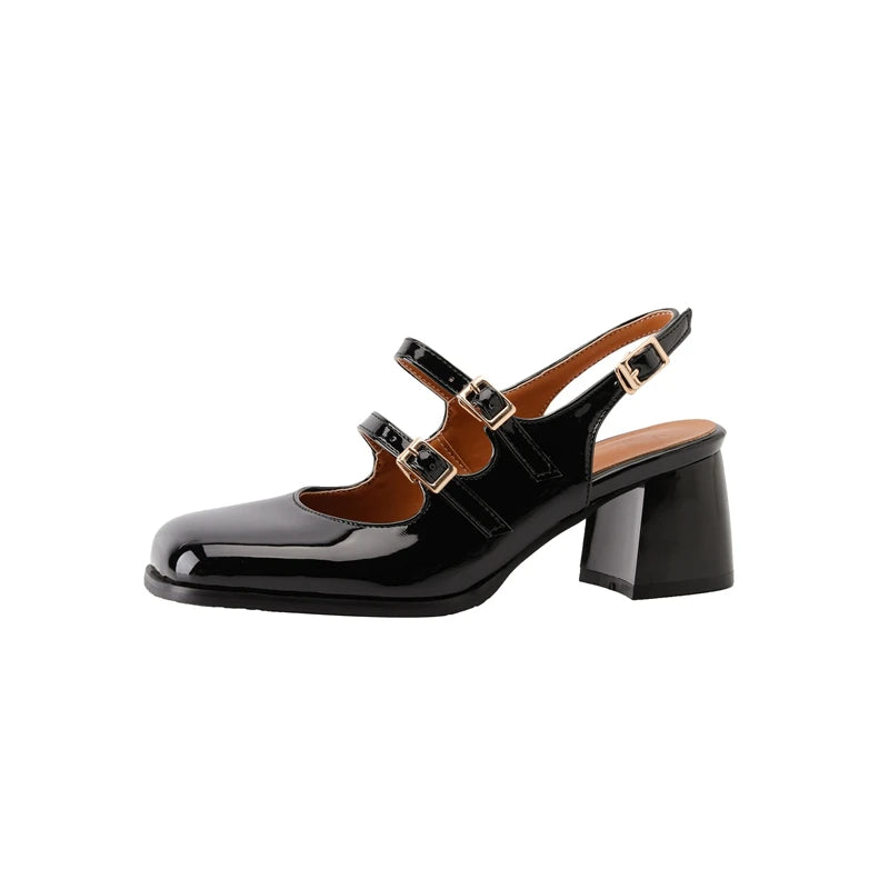Patent Leather Chunky Mary Jane Pumps Slingback — Black-Silver | KIMLUD